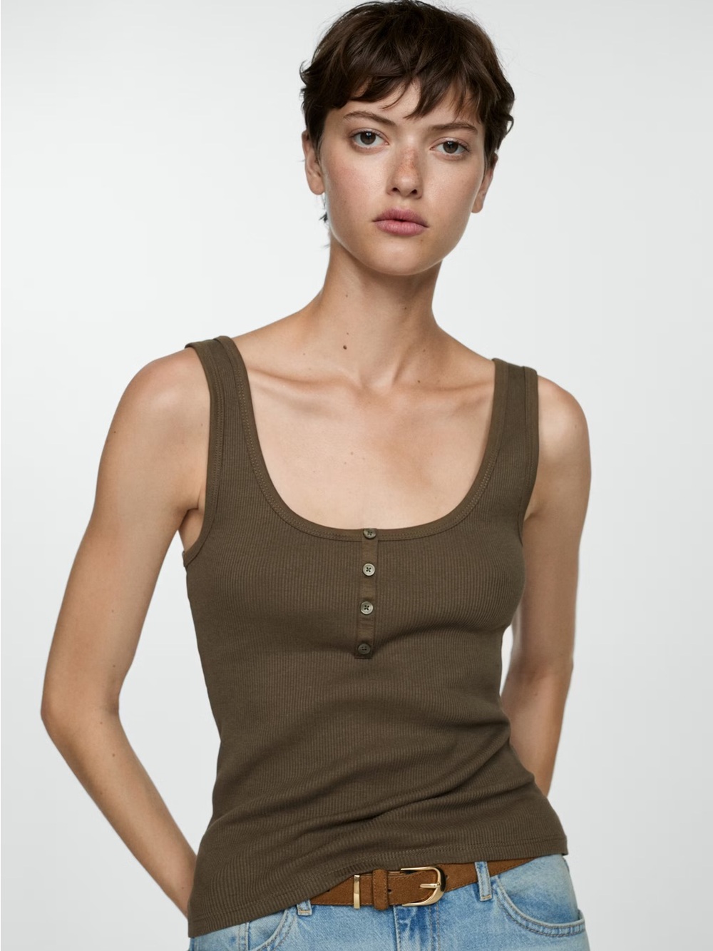 Mango Henley tank in olive